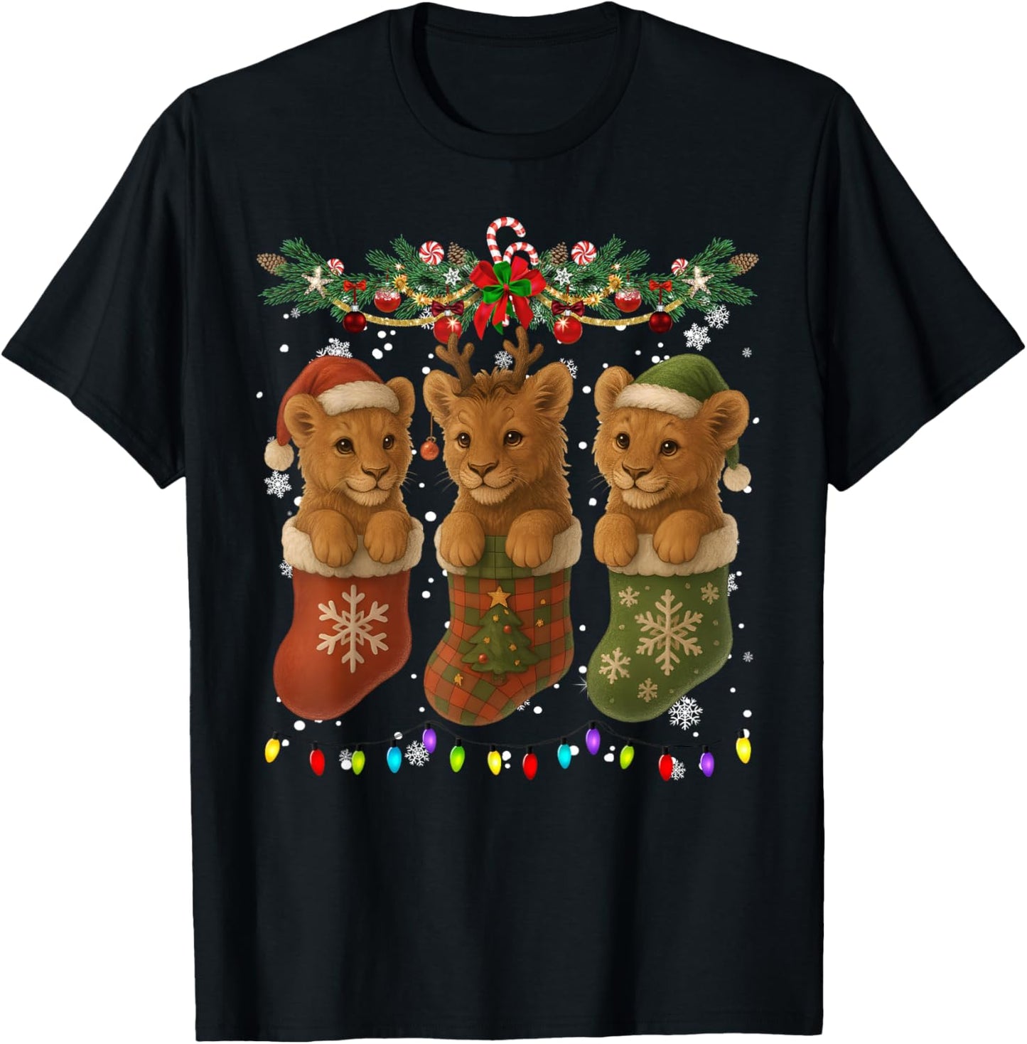 Lion in Christmas Socks Lights Lion Xmas T-Shirt - T-Shirt | Black