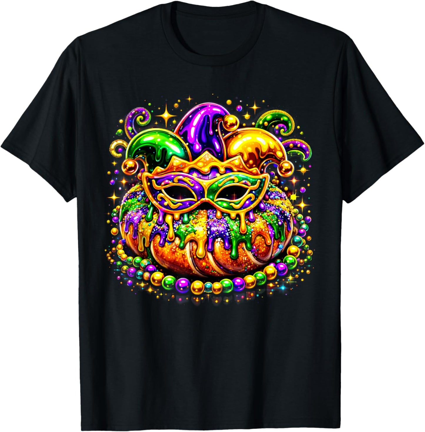 King Cake Golden Beads Mask Feathers Mardi Gras 2026 T-Shirt - T-Shirt | Black