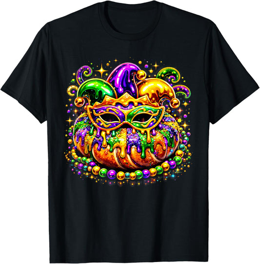 King Cake Golden Beads Mask Feathers Mardi Gras 2026 T-Shirt - T-Shirt | Black