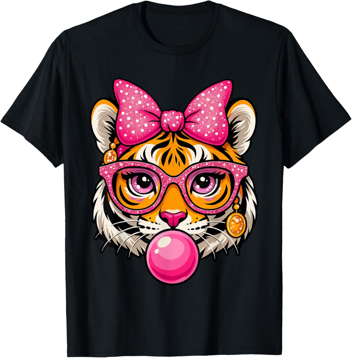 Pink Bow Tiger Shirt for Girls Cute Glasses Tiger Bubble Gum T-Shirt - T-Shirt | Black