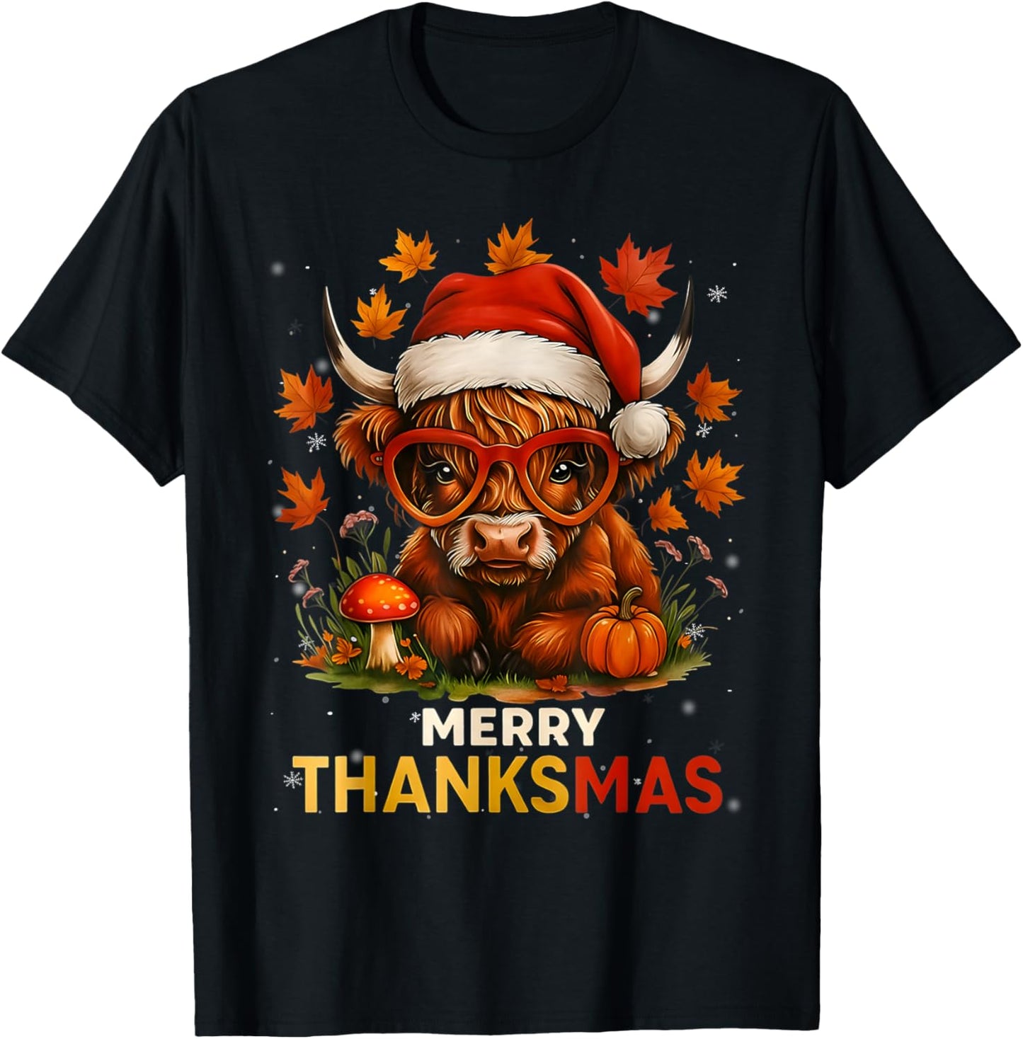 Merry Thanksmas Highland Cow Pumpkin Thanksgiving Men Women T-Shirt - T-Shirt | Black
