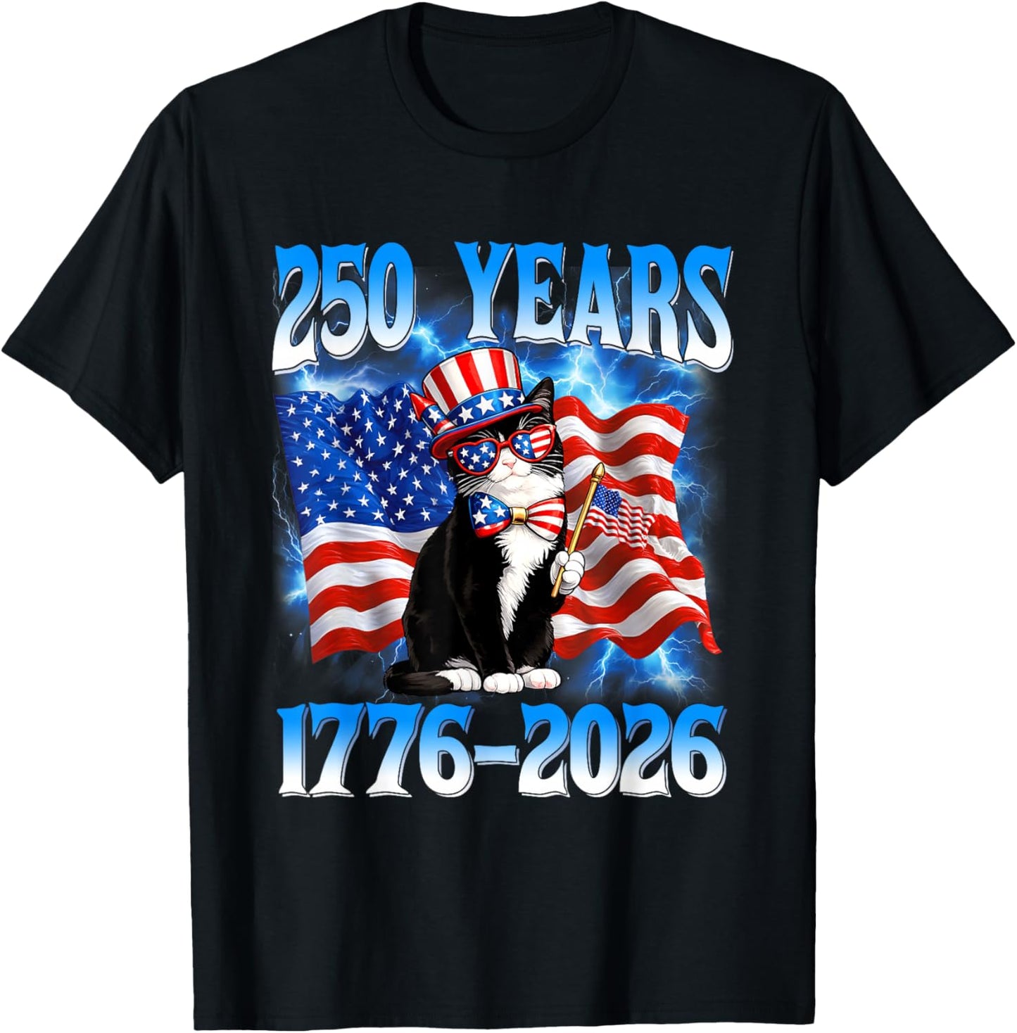 250 Years 1776 2026 250th USA Cat American Flag 4th of July T-Shirt - T-Shirt | Black