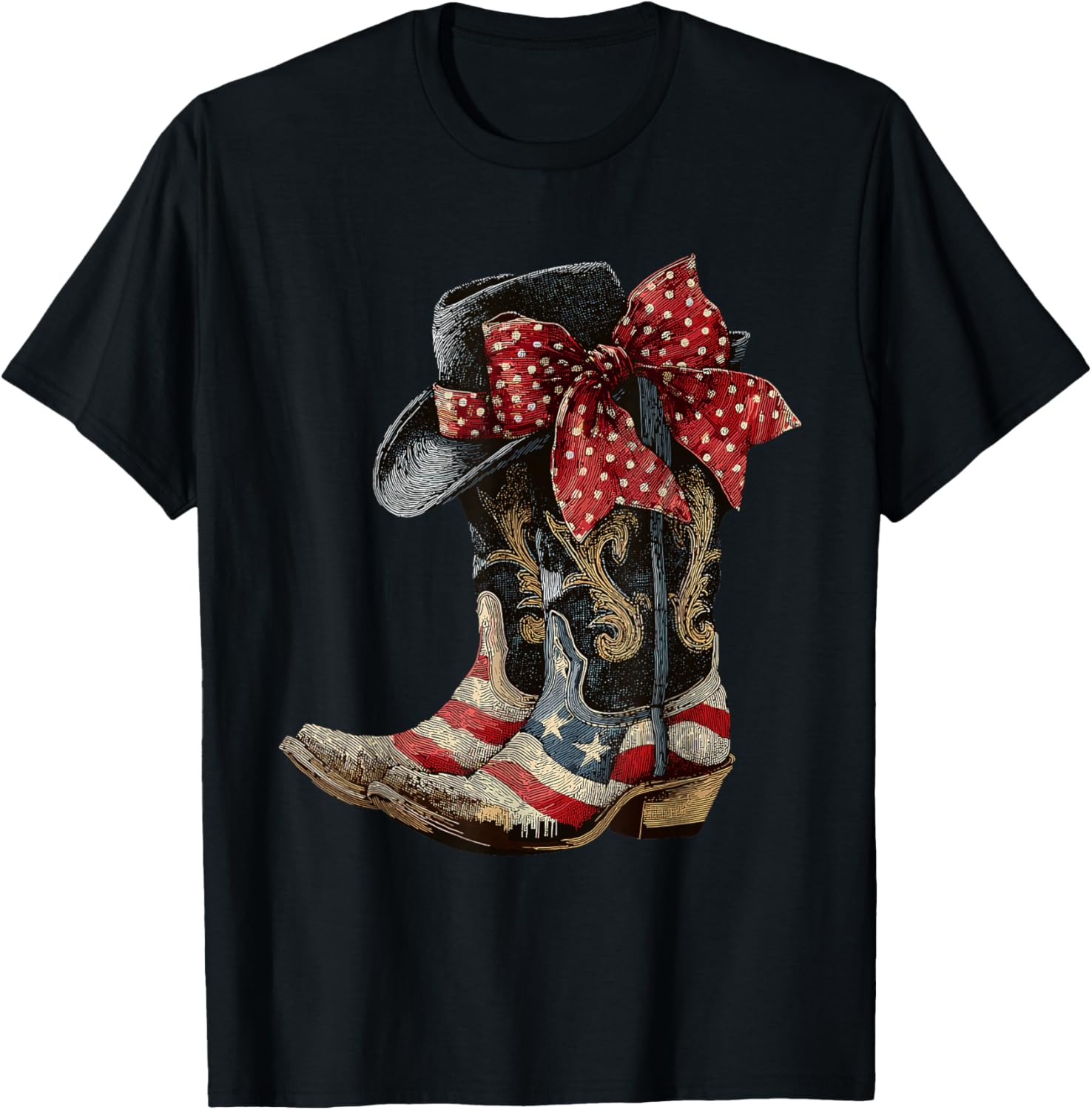 Retro Western Cowboy Cowgirl American Patriotic Rodeo Boots T-Shirt - T-Shirt | Black