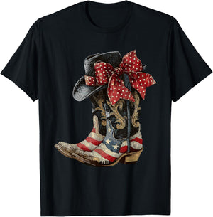 Retro Western Cowboy Cowgirl American Patriotic Rodeo Boots T-Shirt - T-Shirt | Black