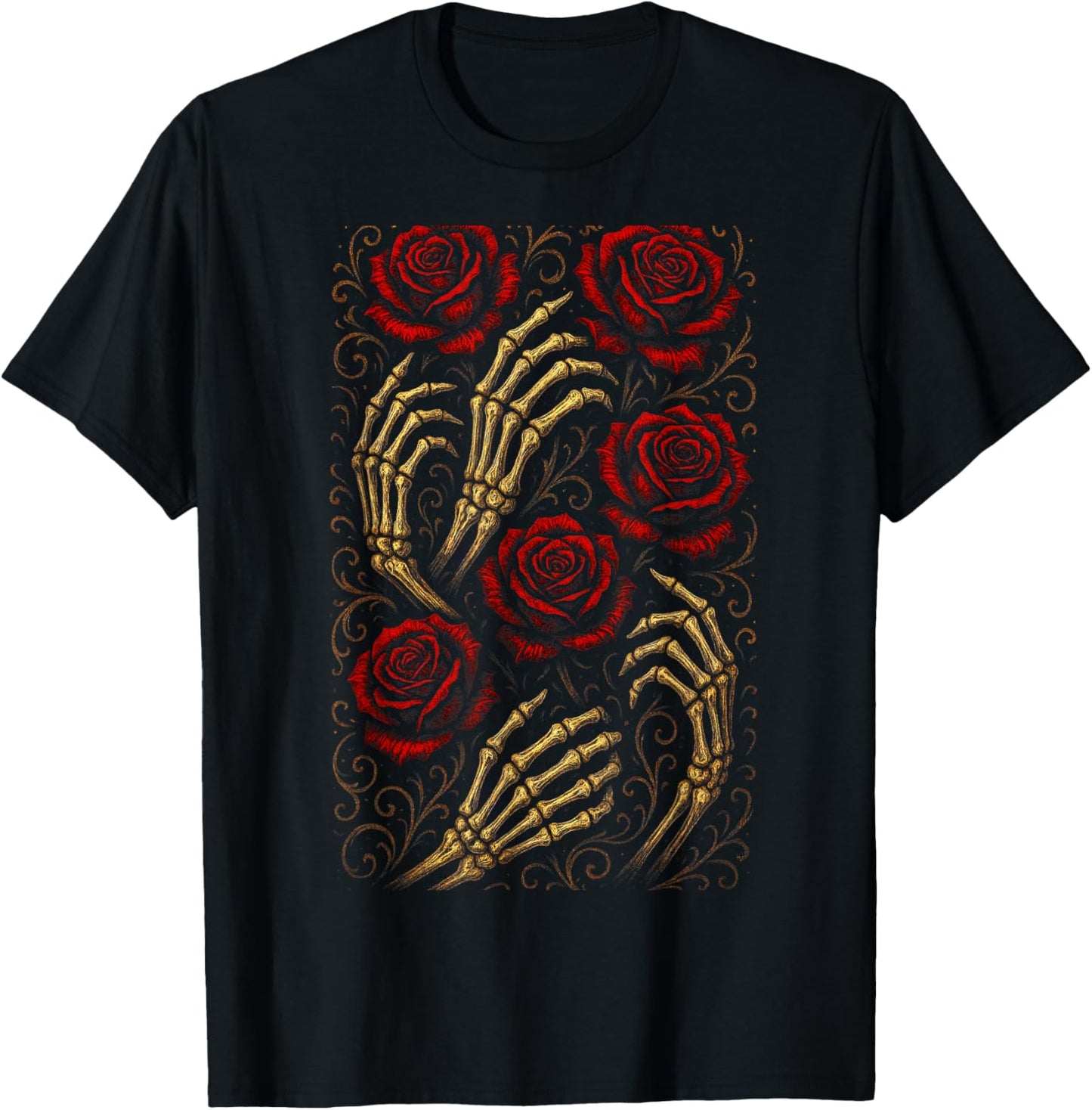 Skeleton Hands and Roses - Gothic Creepy Art T-Shirt - T-Shirt | Black