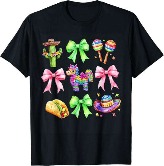 Coquette Pinata Cinco De Mayo Bow Mexican T-Shirt - T-Shirt | Black