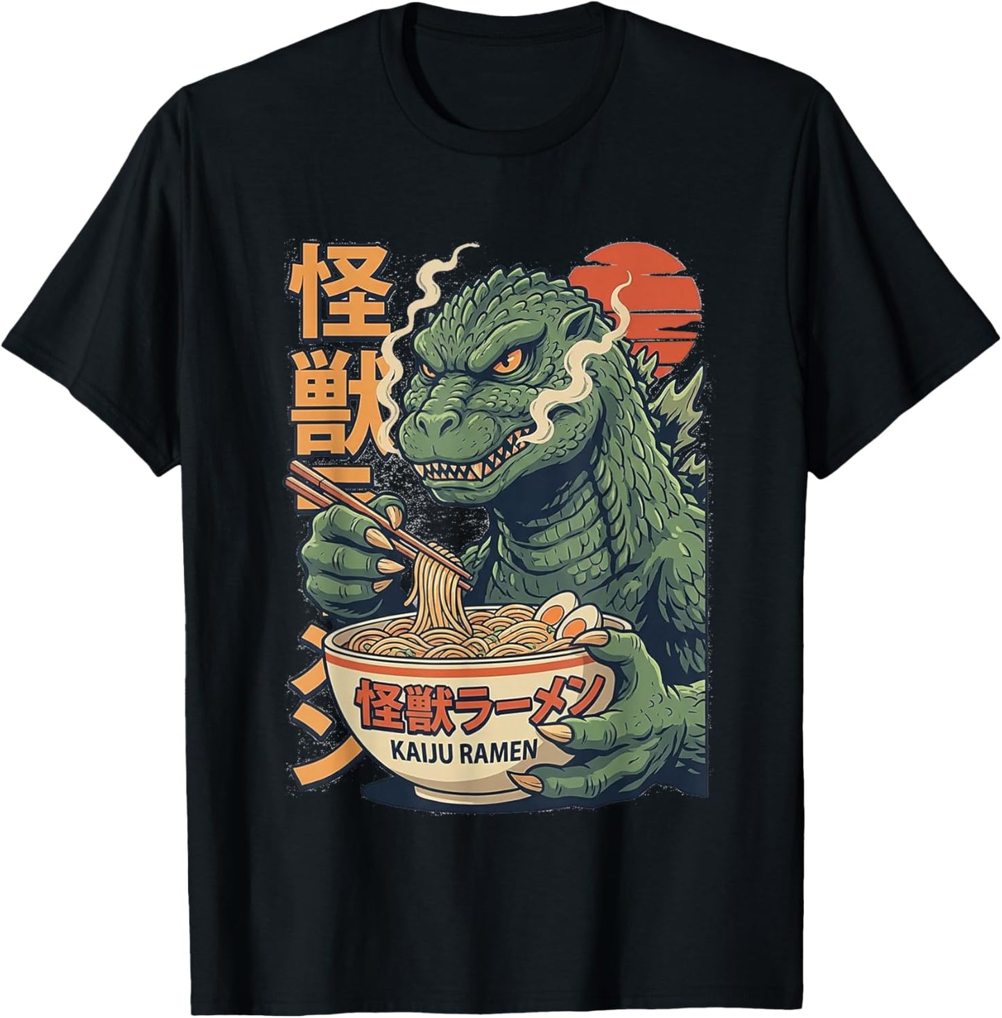 Retro Kaiju Eating Ramen Japanese Monster Lover Funny T-Shirt - T-Shirt | Black