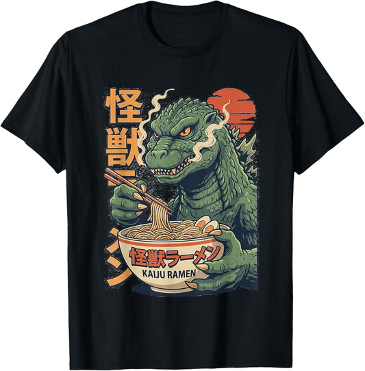 Retro Kaiju Eating Ramen Japanese Monster Lover Funny T-Shirt - T-Shirt | Black