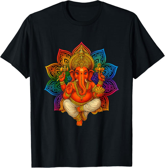 Elephant God India Meditation Hindu Ganesha Mandala Flower T-Shirt - T-Shirt | Black