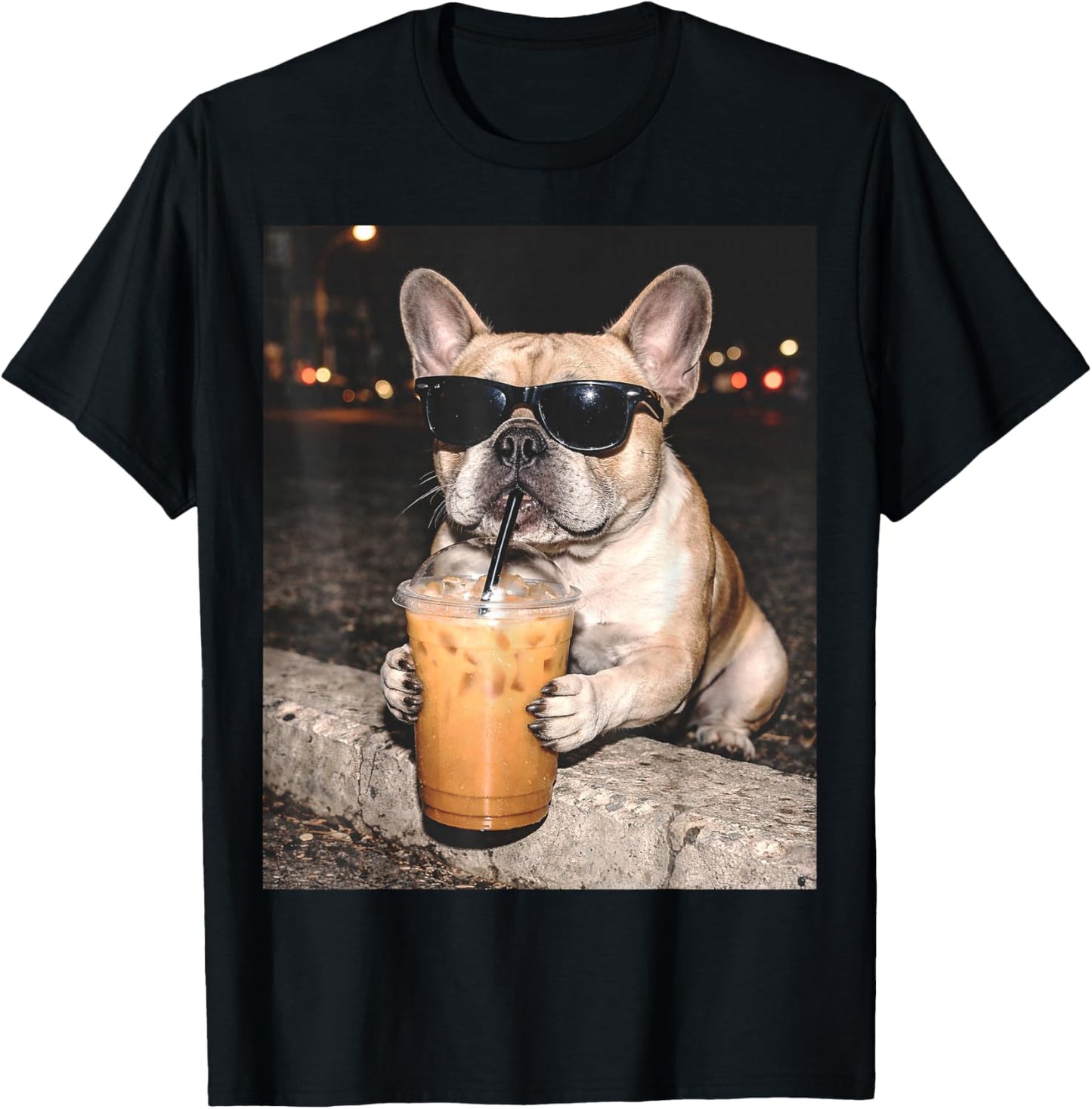 French Bulldog Drinking Iced Coffee Funny Animal T-Shirt - T-Shirt | Black