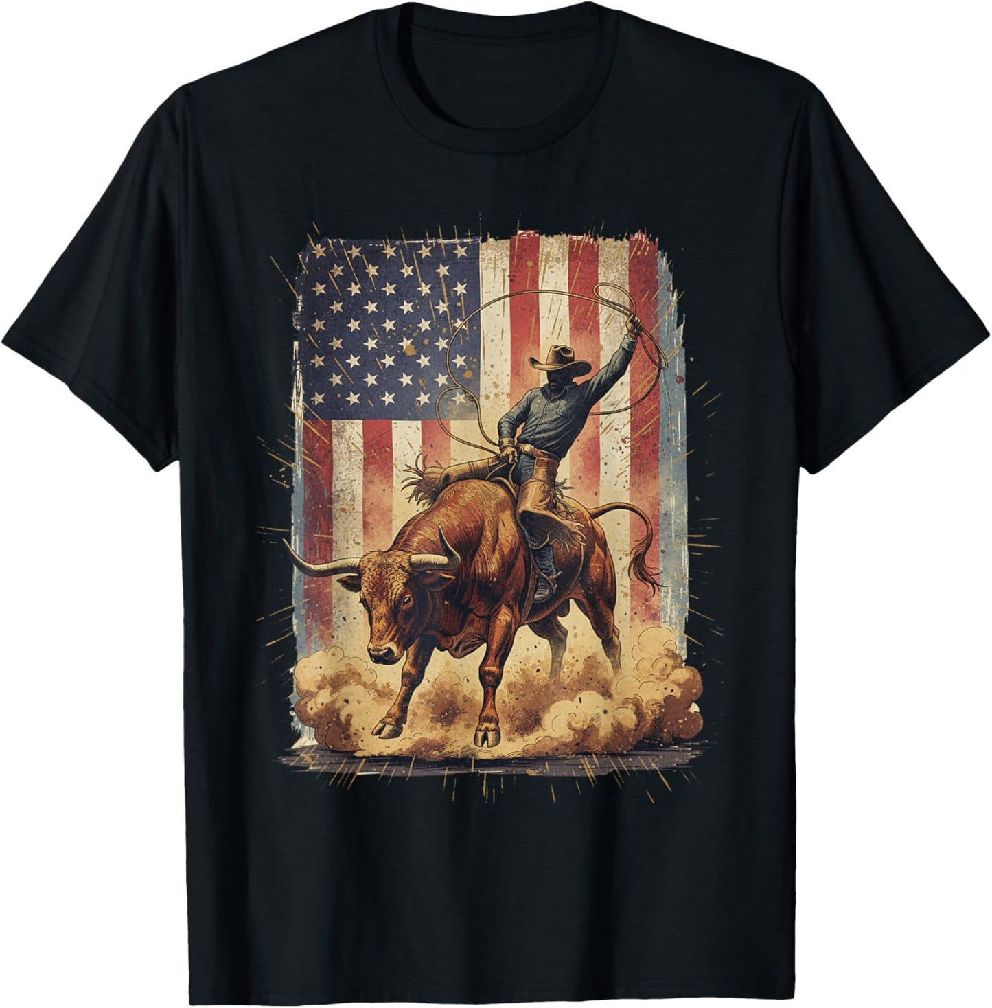 American Flag Rodeo USA Cowboy Bull Rider Western Men T-Shirt - T-Shirt | Black