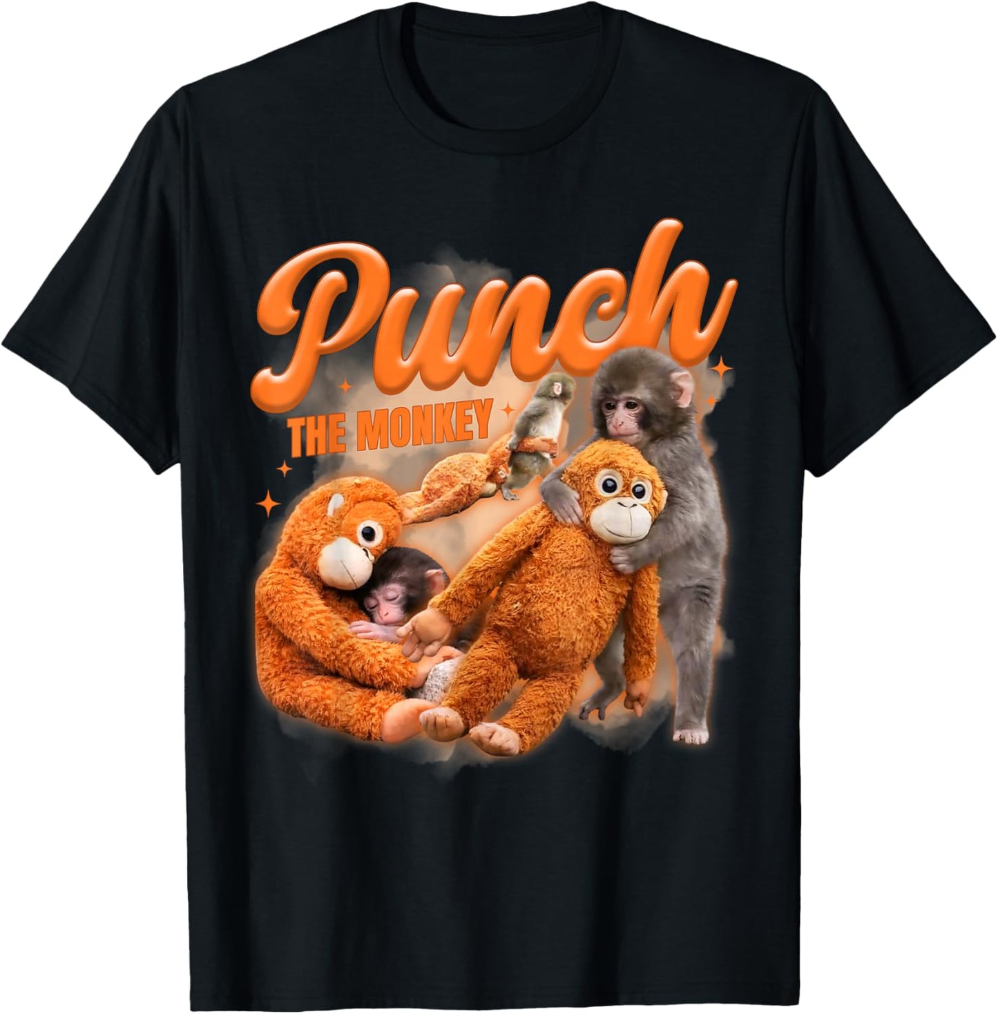 Punch The Monkey Meme Baby Monkey Holding Plush Toy T-Shirt - T-Shirt | Black