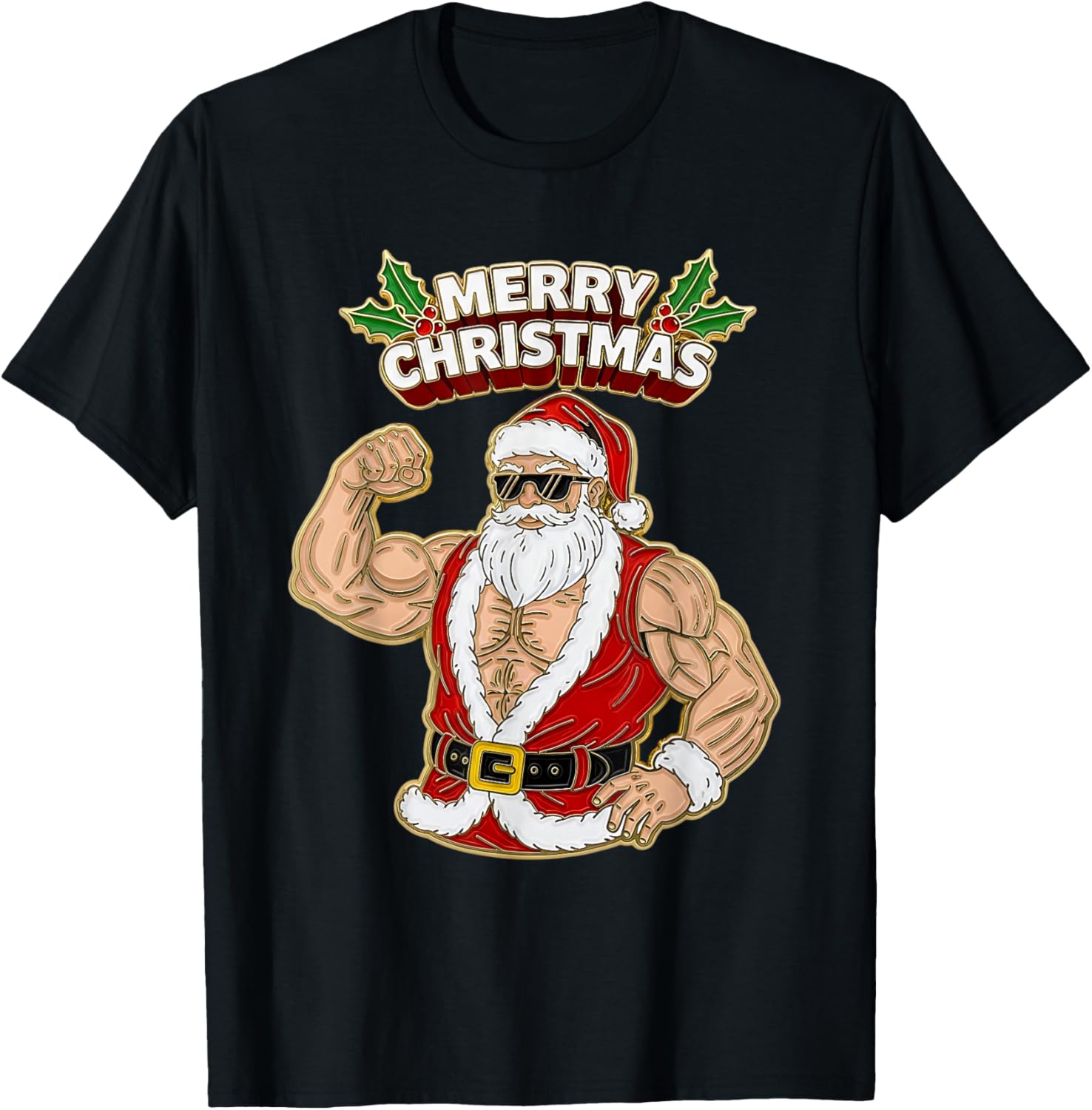 Christmas Santa Strong Muscles Bodybuilder Festive Holiday T-Shirt - T-Shirt | Black