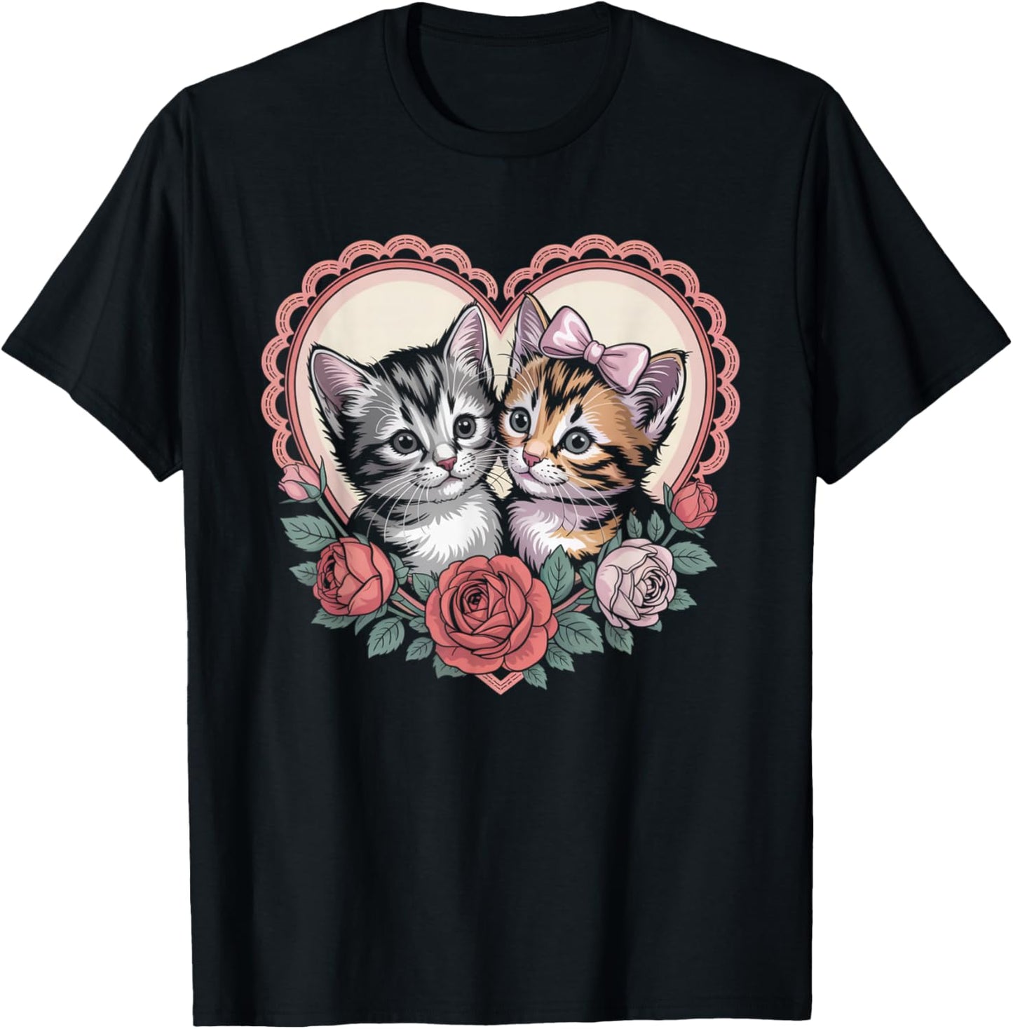 Cute Kittens in Heart with Roses Romantic Cat T-Shirt - T-Shirt | Black