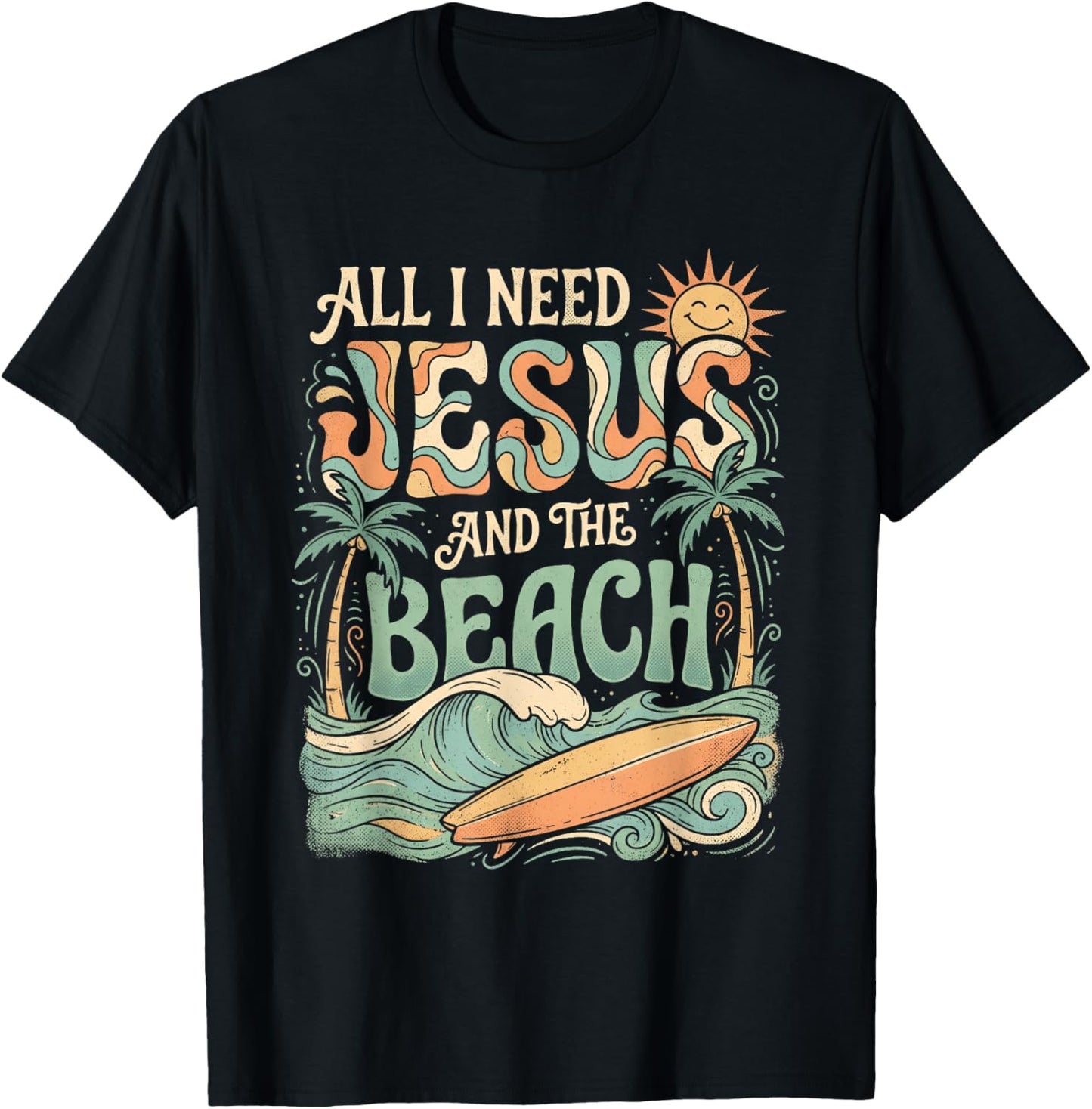 All I Need Jesus and The Beach Retro Surfer Christian T-Shirt - T-Shirt | Black