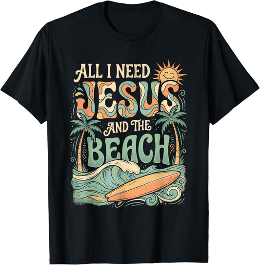 All I Need Jesus and The Beach Retro Surfer Christian T-Shirt - T-Shirt | Black