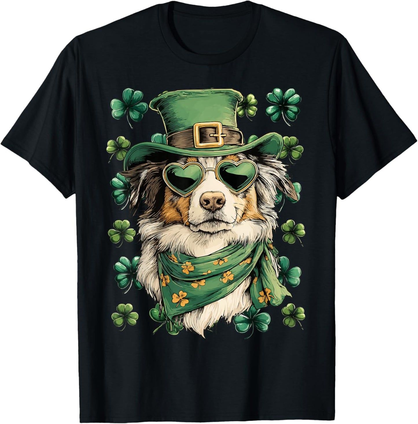Australian Shepherd in Sunglasses Shamrocks St Patricks Day T-Shirt - T-Shirt | Black