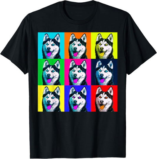 Colorful Husky Pop Art Graphic Dog T-Shirt - T-Shirt | Black