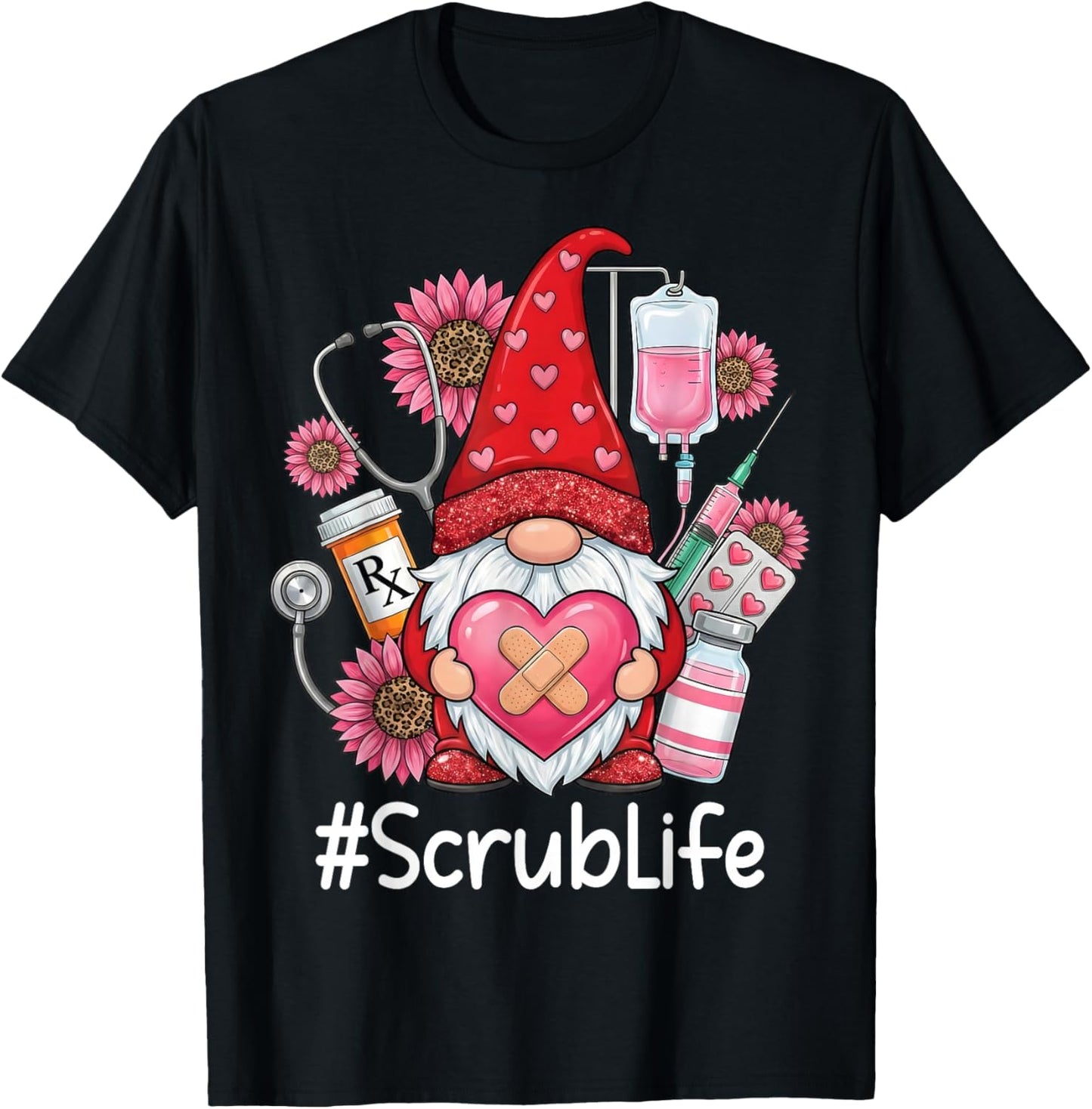 Gnome Nurse Scrub Life Nursing Valentine's Day T-Shirt - T-Shirt | Black
