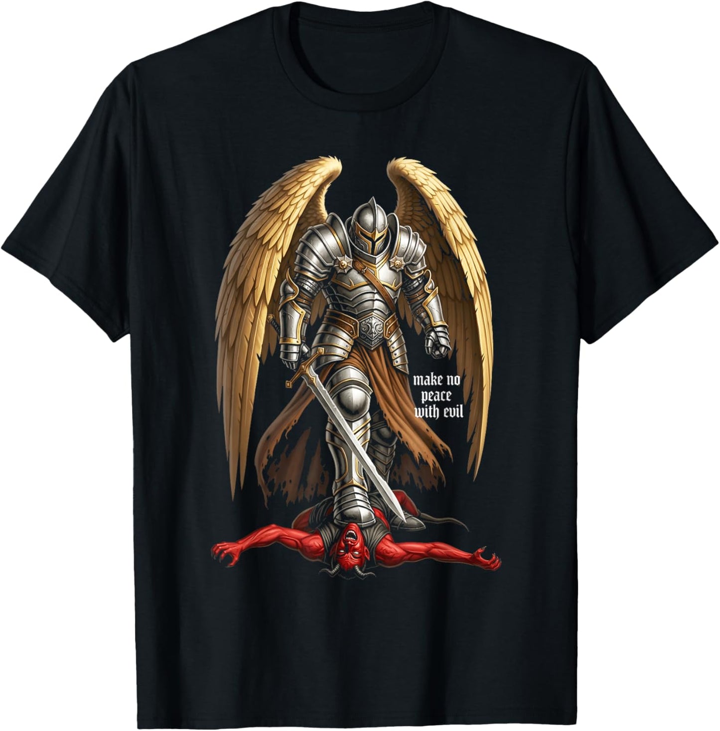 Archangel Michael Faith Design Make No Peace with Evil T-Shirt - T-Shirt | Black
