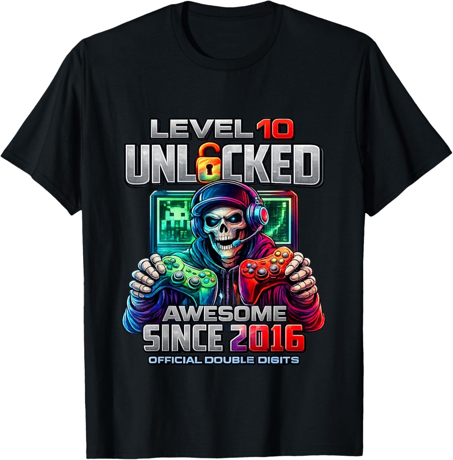 Kids Level 10 Unlocked Awesome Since 2016 10th Birthday Gaming T-Shirt - T-Shirt | Black