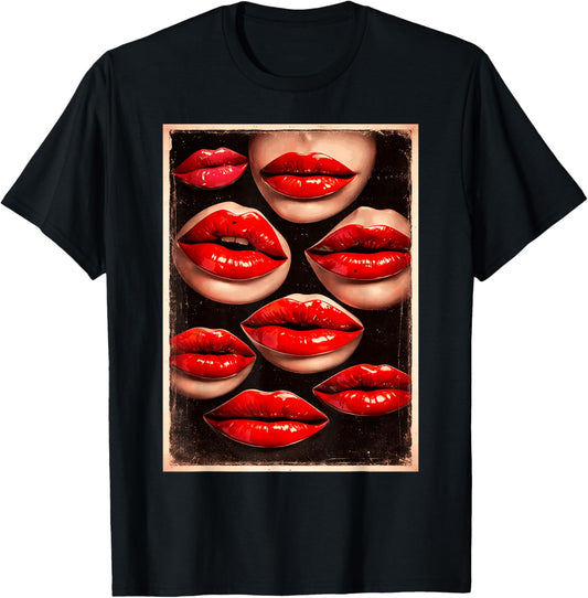 Kissing Red Lipstick Lips Happy Valentines Women Girls T-Shirt - T-Shirt | Black
