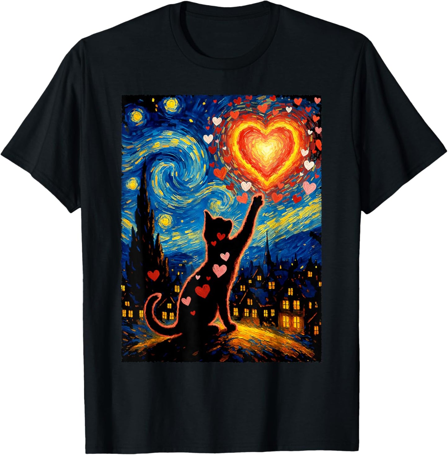 Romantic Cat Van Gogh Starry Night Valentine Art Lovers T-Shirt - T-Shirt | Black