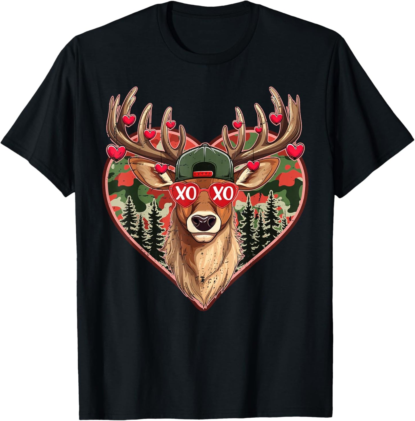 XOXO Valentine Buck Camo Deer Retro Hunting Valentines Day T-Shirt - T-Shirt | Black
