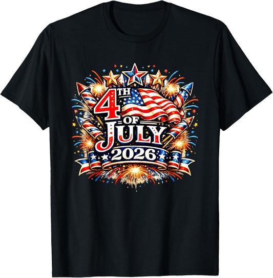 4th of July 2026 United States Birthday American Flag T-Shirt - T-Shirt | Black
