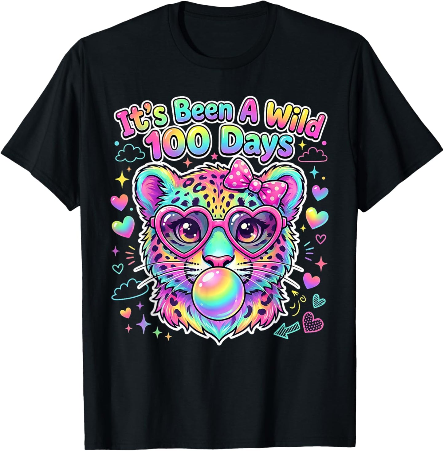 100th Day of School Leopard Bubble Gum Glasses Students Kids T-Shirt - T-Shirt | Black