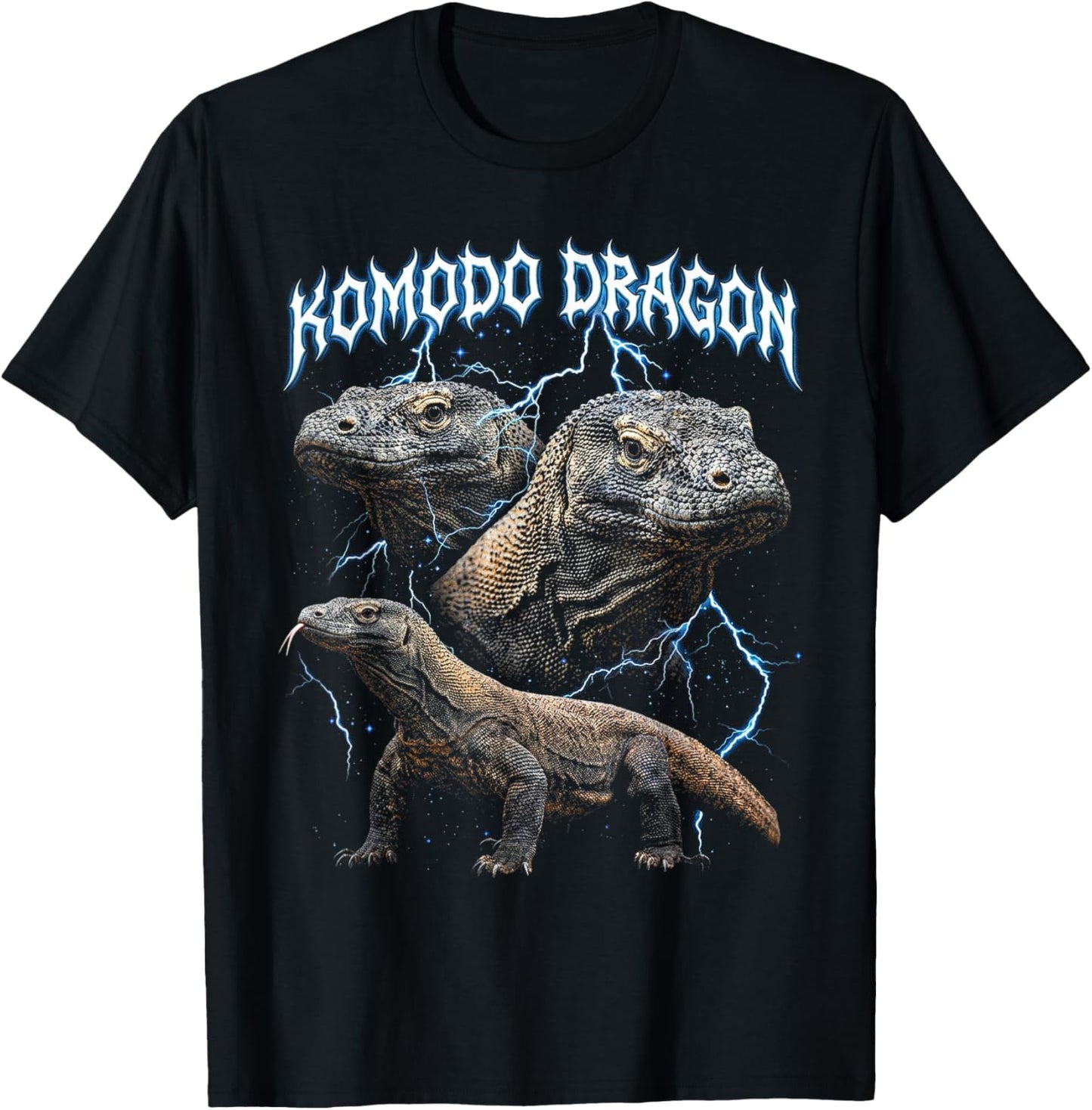 Komodo Dragon Vintage 90s Heavy Metal Retro Animal Lover T-Shirt - T-Shirt | Black
