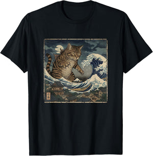 Cats Funny cat Japanese Vintage Art Catzilla T-Shirt - T-Shirt | Black