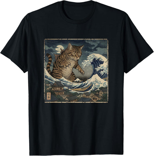 Cats Funny cat Japanese Vintage Art Catzilla T-Shirt - T-Shirt | Black