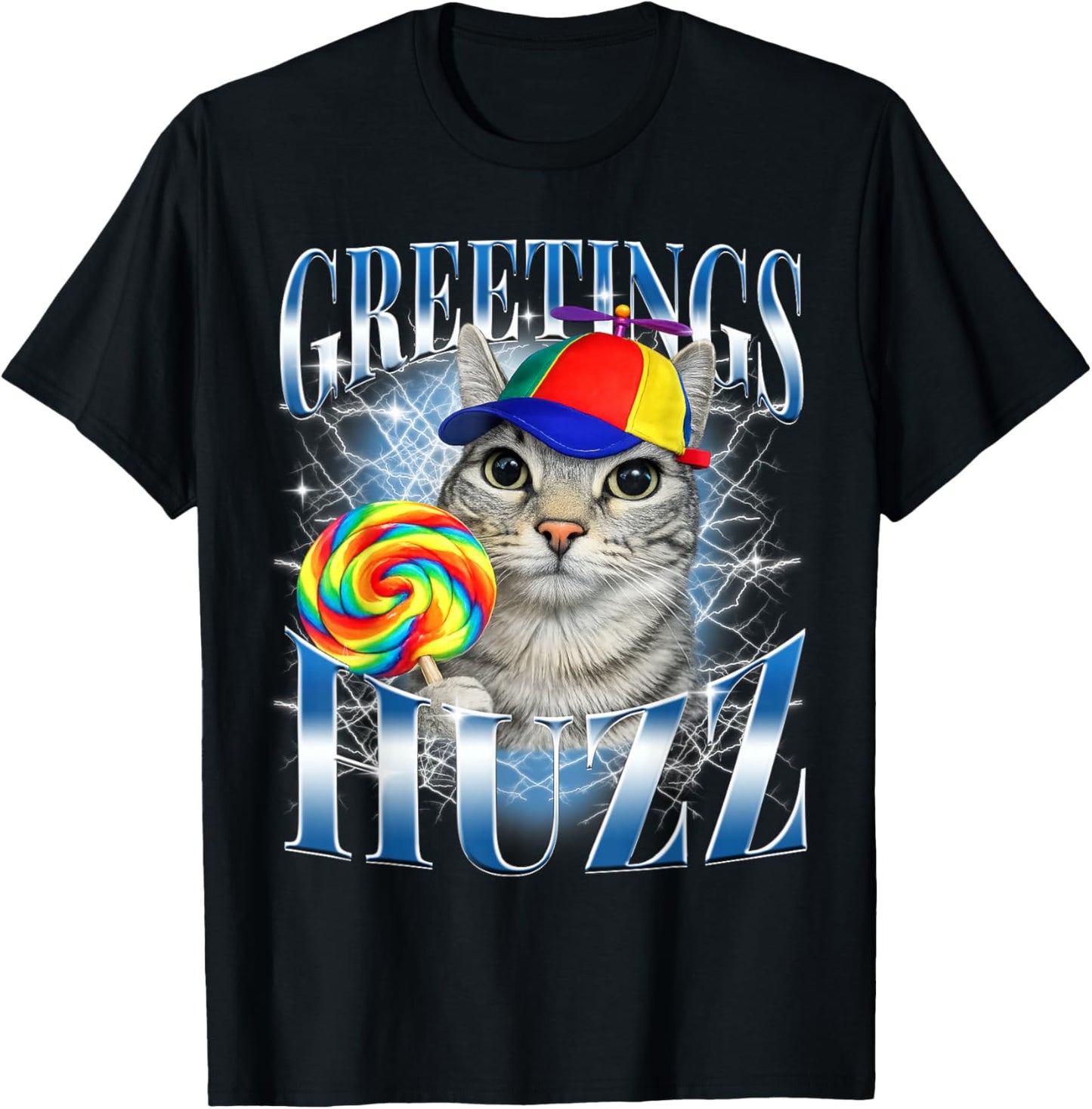 Greetings Huzz Funny Cat Meme Design Gifts Women Kid T-Shirt - T-Shirt | Black