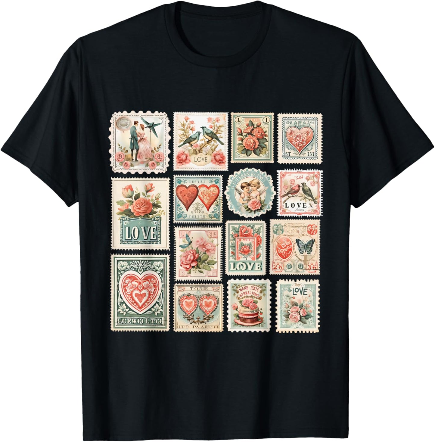 Retro Valentine's Day Stamps Valentine T-Shirt - T-Shirt | Black