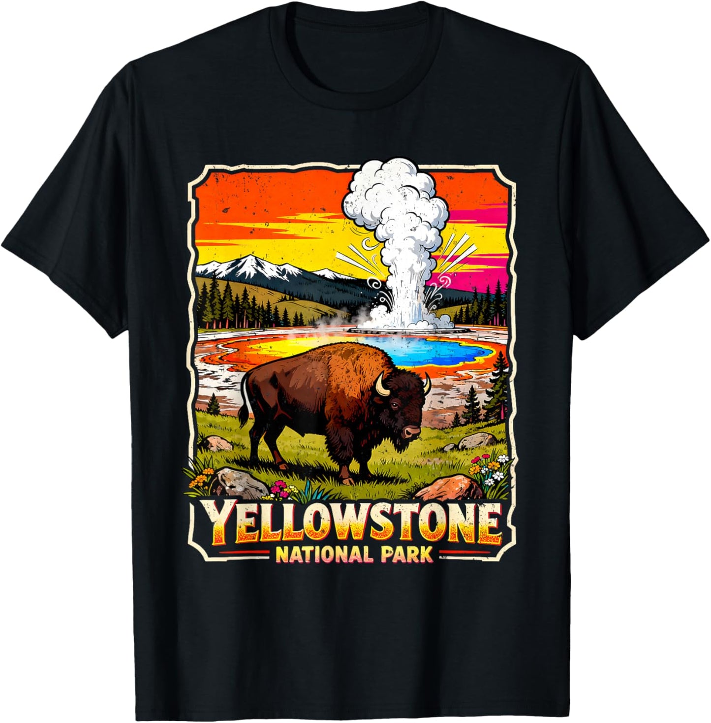 Yellowstone National Park 2026 Retro Travel Art T-Shirt - T-Shirt | Black