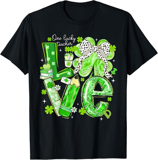One Lucky Teacher Love Shamrock Irish Happy St.Patrick's Day T-Shirt - T-Shirt | Black