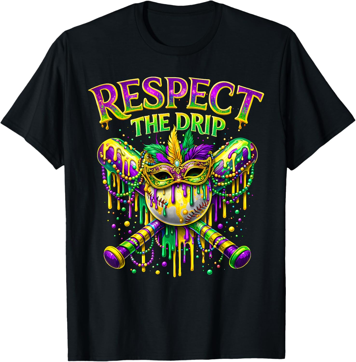 Respect The Drip Mardi Gras Baseball Ice Cream Boys Carnival T-Shirt - T-Shirt | Black