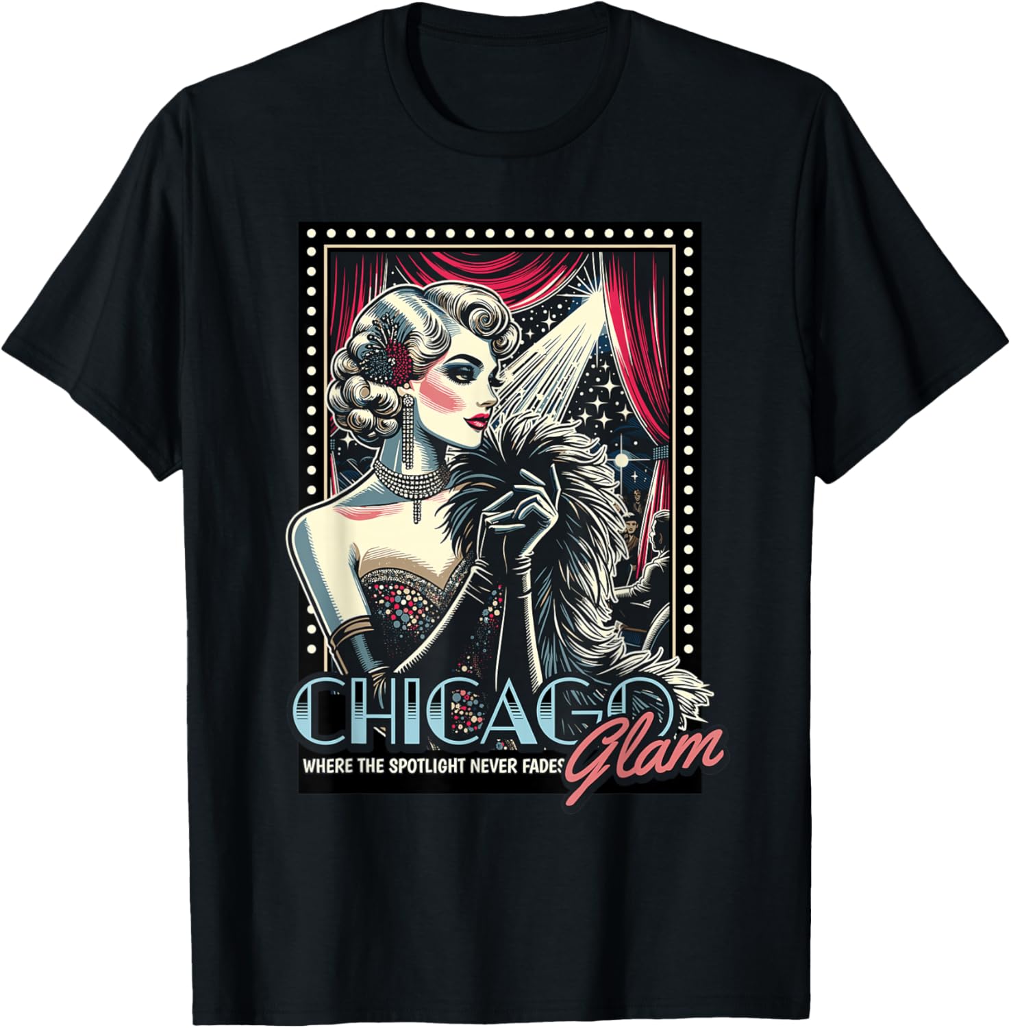Chicago Glam – Retro Actress Spotlight Design T-Shirt - T-Shirt | Black