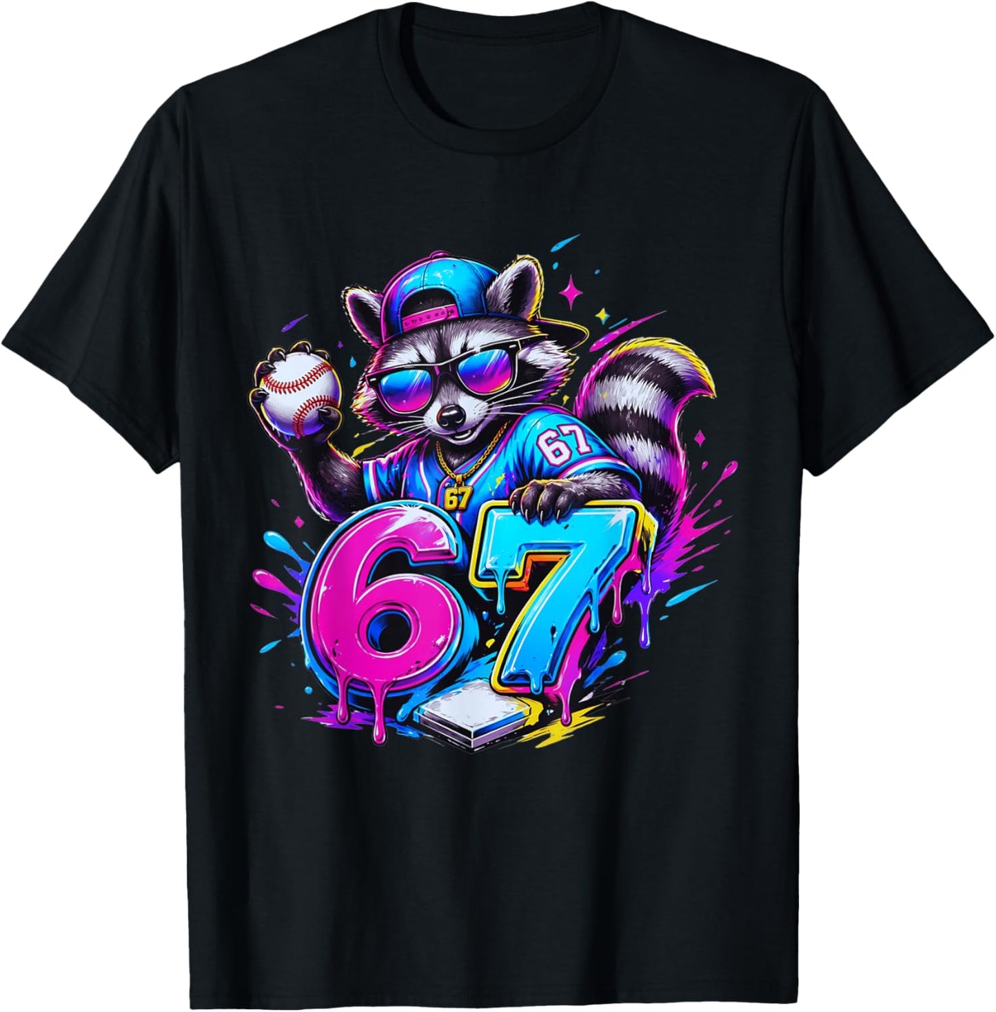 67 Funny Dabbing Raccoon Baseball Dripping Ice Cream Meme T-Shirt - T-Shirt | Black