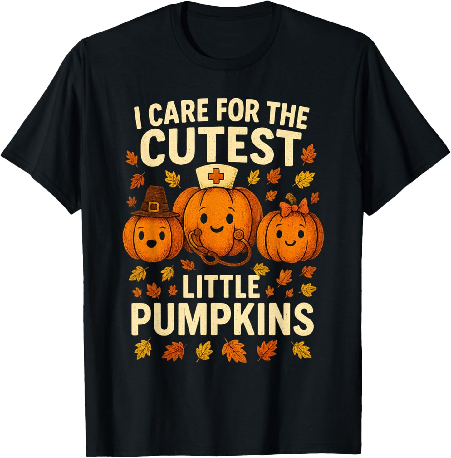 Pumpkins Nurse Halloween Scrub Top Fall Thanksgiving T-Shirt - T-Shirt | Black