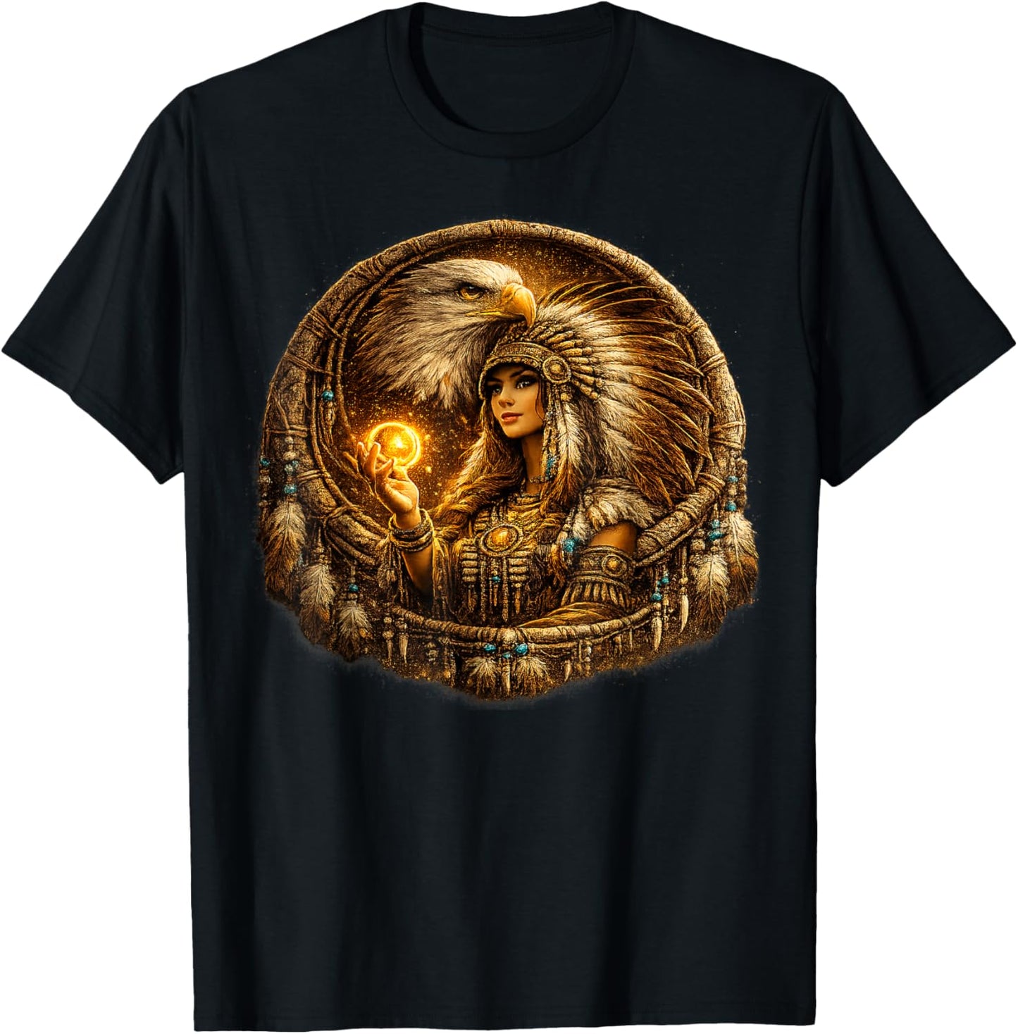 Indian Native American Woman with White Eagle Vitage Gifts T-Shirt - T-Shirt | Black