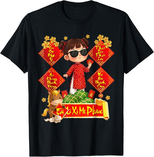 Vietnamese New Year 2026 Li Xi Me Please TET Decoration Girl T-Shirt - T-Shirt | Black