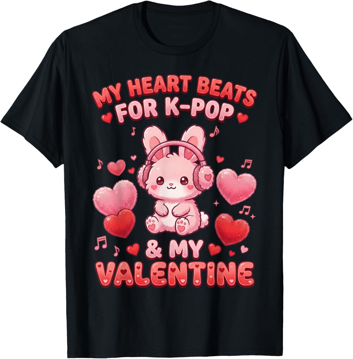 K-Pop Bunny Rabbit Music Hearts Kawaii Valentine's Day T-Shirt - T-Shirt | Black