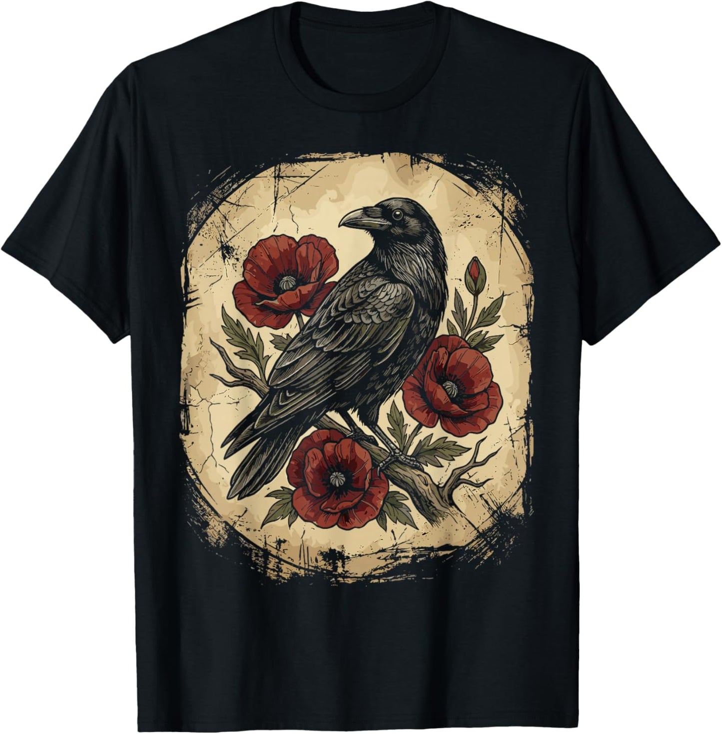 Raven Floral Vintage Gothic Art Crow T-Shirt - T-Shirt | Black