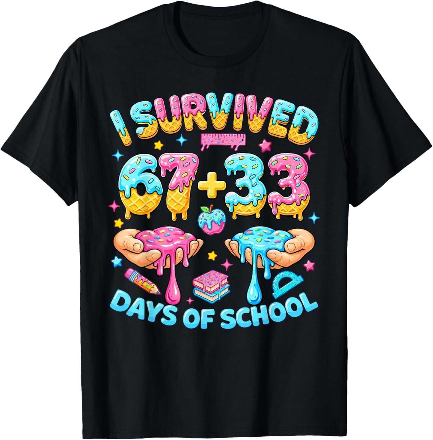 I Survived 67+33 Days of School 100 Days Teachers Kids Boys T-Shirt - T-Shirt | Black