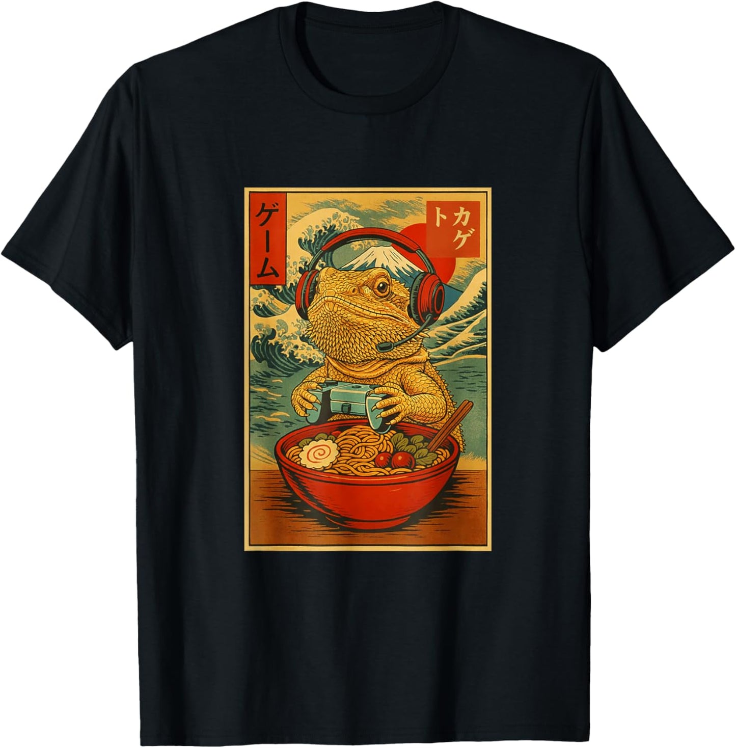 Bearded Dragon Gaming Ramen Ukiyo-e Great Wave Retro Art T-Shirt - T-Shirt | Black