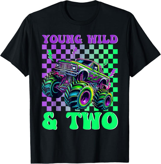 Kids 2nd Birthday Boy Monster Truck Young Wild and Two T-Shirt - T-Shirt | Black