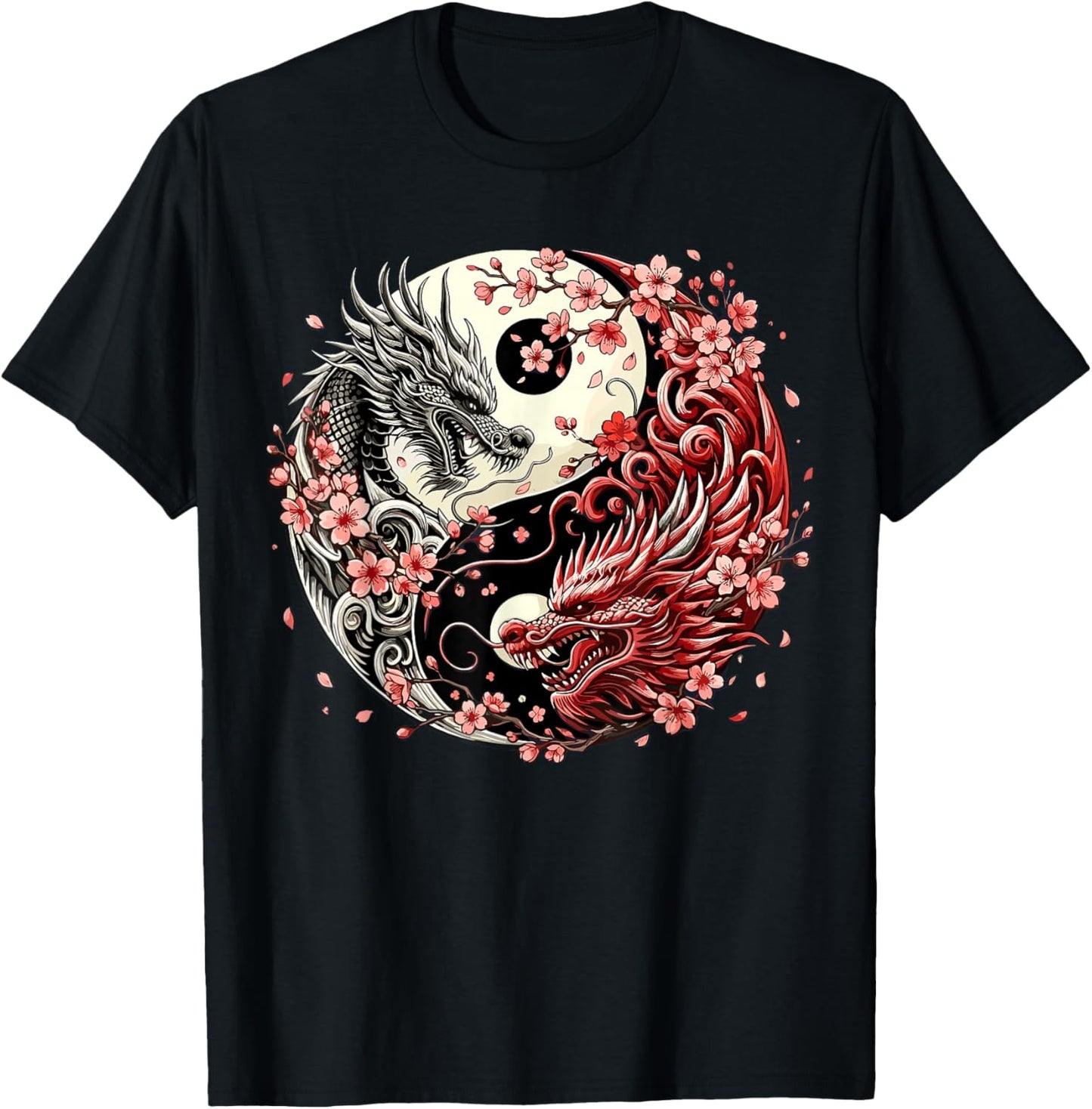 Yin Yang Dragon Cherry Blossom T-Shirt - T-Shirt | Black