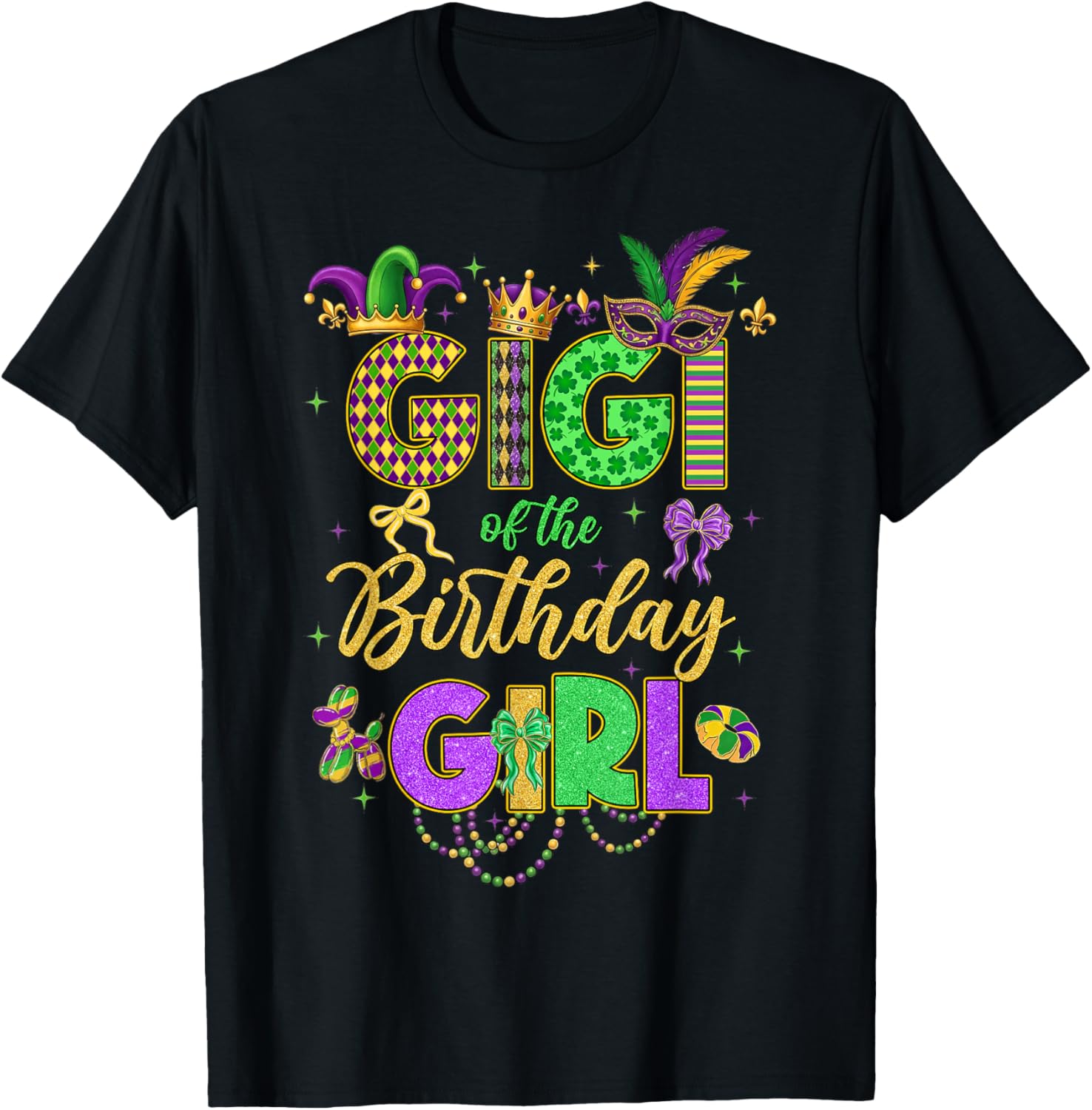 Gigi of The Birthday Girl Coquette Bow Mardi Gras Party T-Shirt - T-Shirt | Black